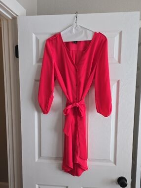 AGB Hot Pink High-Low Button Front Tie-Waist Dress